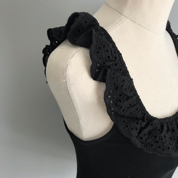H&M Sleeveless Ribbed Tank Black Broderie Anglaise Lace Ruffled Neckline - Picture 3 of 11